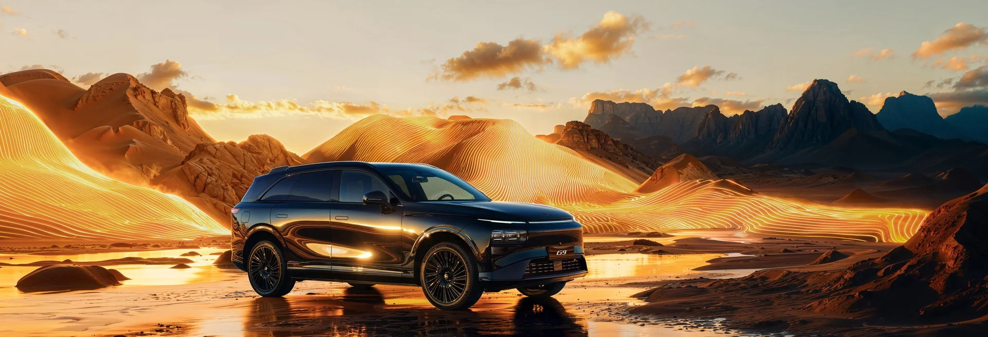 XPENG G9, SUV eléctrica insignia con inteligencia artificial, al atardecer